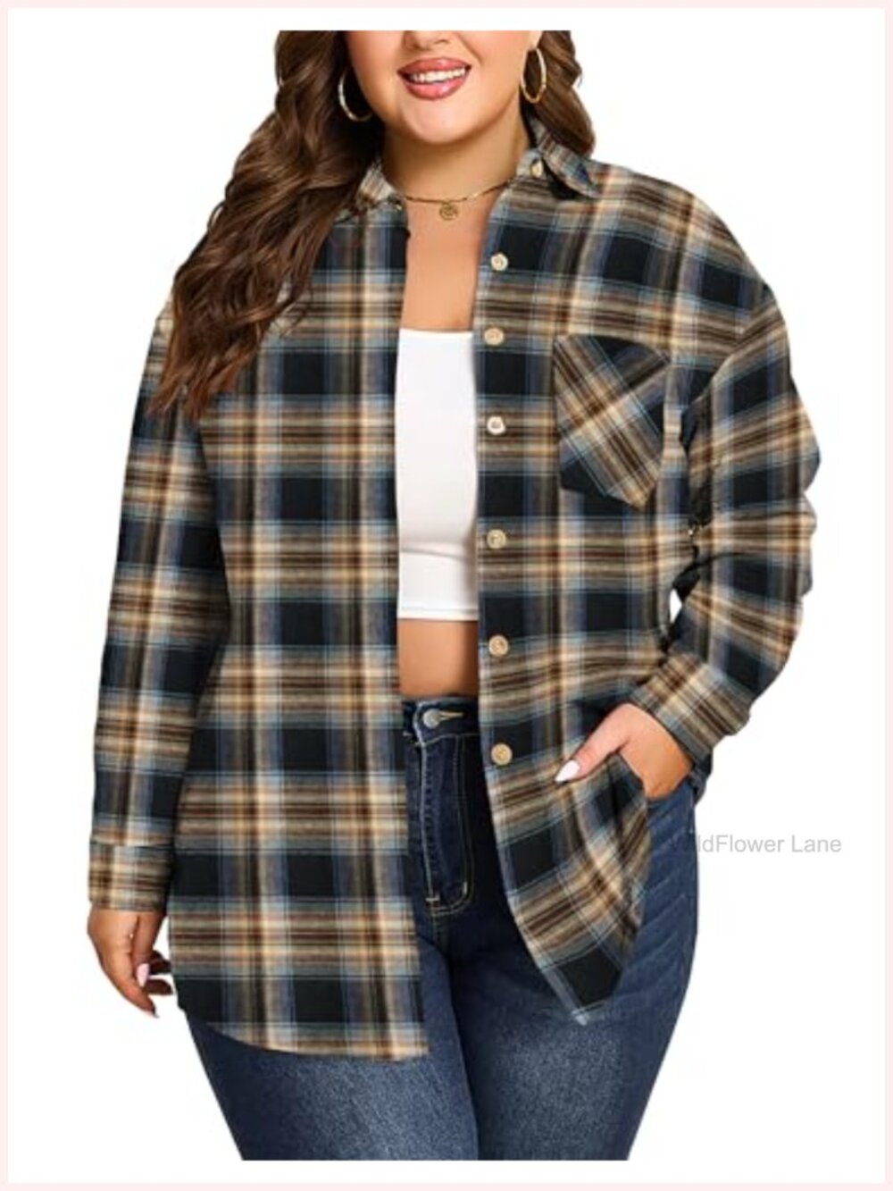 Plus Size Flannel Plaid Shirt Long Sleeve Button Down Blouse
